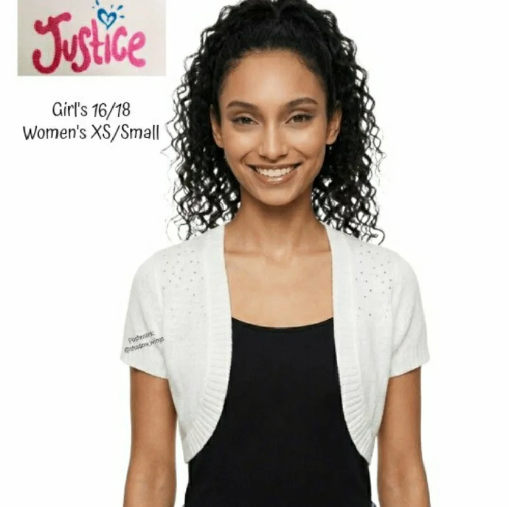 Justice White Rhinestone Shrug - Girl's 16/18 Women XS/Small Cropped Cardigan